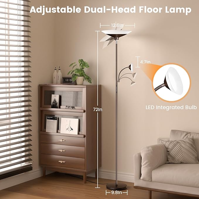 Brown Torchiere LED Floor Lamp - 72" Rotating Standing Lamp with Remote, 34W Dimmable Floor Light with Color Changing, Tall Bright Corner Lamp for Reading Living Room Bedroom Office-Ruum Studio Home
