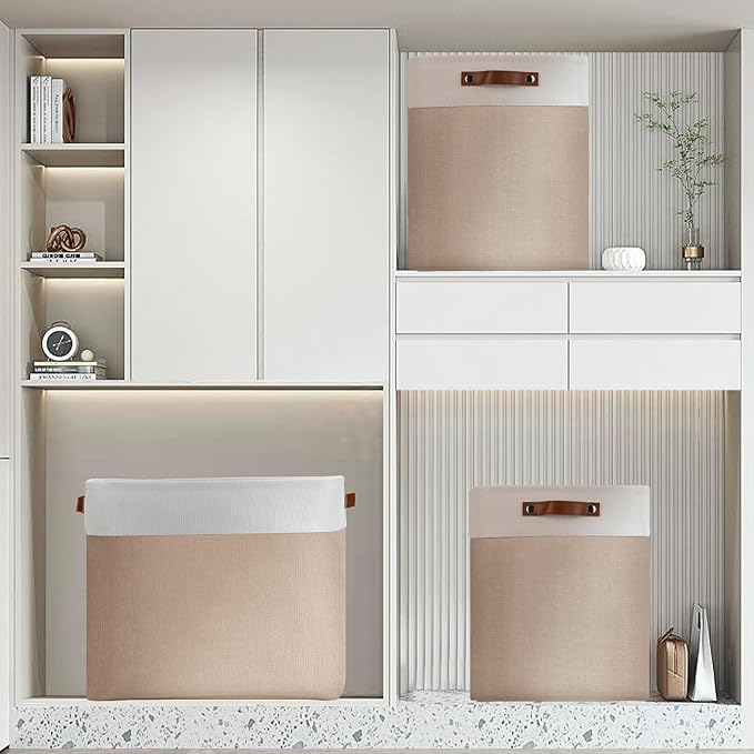 DULLEMELO Large Storage Baskets for Organizing, Canvas Storage Bins Big Baskets With Handles for Shelf Clothes Empty Gift Basket (White&Khaki)-Ruum Studio Home
