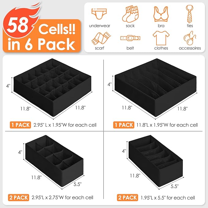 6 Pack Sock Underwear Drawer Organizer Dividers, 58 Cell Foldable Fabric Dresser Closet Organizers and Storage Bins for Clothing, Baby Clothes, Bra, Panty, Scarf, Ties (Black)-Ruum Studio Home