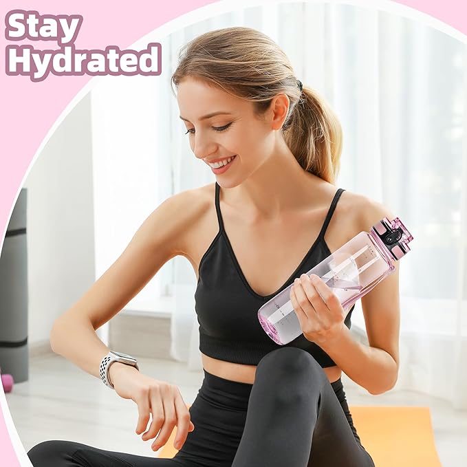 OLDLEY 32 oz Water Bottle, Motivational Water Bottle with Time Marker, Sports Water Bottle With Strap, Leakproof & BPA Free Large Water Bottles for School, Gym, Travel, Tritan, Transparent Pink-Ruum Studio Home