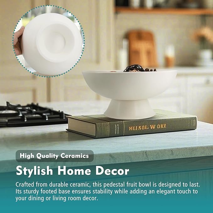 White Pedestal Decorative Bowl - 8" Minimalist Decorative Fruit Bowl for Kitchen Counter, Entryway,Multi-Purpose Centerpiece bowl for Bread, Snacks, Candy, Perfect for Housewarming &Wedding Gift-Ruum Studio Home