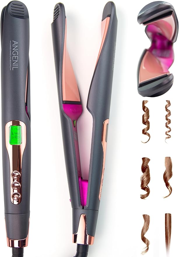 ANGENIL Pro Twist Ceramic Flat Iron 1 Inch, Dual Voltage Hair Straightener and Curler 2 in 1, Multi-Stylers Round Flat Iron Hair Curling Iron, Fast Heating LCD Display, 11 Adjustable Temp (250℉-450 ℉)-Ruum Studio Home