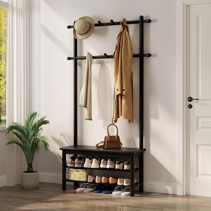 Coat Rack with Shoe Storage, Wooden Hall Tree with Bench, 11 Hooks and 2-Tier Storage Shelves, 3-in-1, Entryway Bench with Coat Rack (31.5"-Deep Black)-Ruum Studio Home