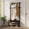 Coat Rack with Shoe Storage, Wooden Hall Tree with Bench, 11 Hooks and 2-Tier Storage Shelves, 3-in-1, Entryway Bench with Coat Rack (31.5"-Deep Black)-Ruum Studio Home
