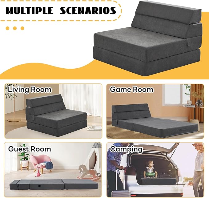 jela Foldable Sofa Bed Large Soft Foam Convertible Sleeper Chair Luxury Miss Fabric Fold Out Chair Bed Floor Couch with Back Support Floor Sofa for Living Room Bedroom (83"x33",Dark Gray)-Ruum Studio Home