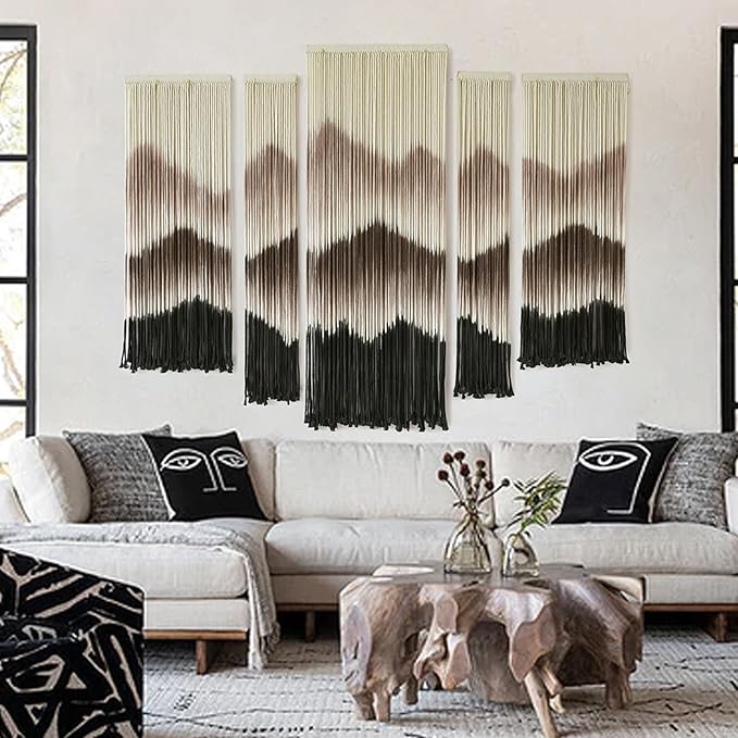 IOWER Large Macrame Wall Hanging Mountain Handmade Brown Dip-Dyed Boho Wall Decor 5Pcs Art Wall Decor for Bedroom Living Room Fiber Art Tapestry-Ruum Studio Home
