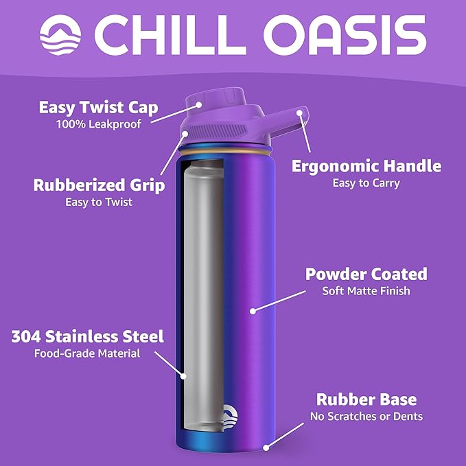 Chill Oasis Water Bottle | Compatible With Popular Flavor Cartridges | BPA Free, Leak Proof, Double-Walled Vacuum Insulated Stainless Steel, and Dishwasher Safe | Cold for 24 Hours (Aura, 22oz)-Ruum Studio Home