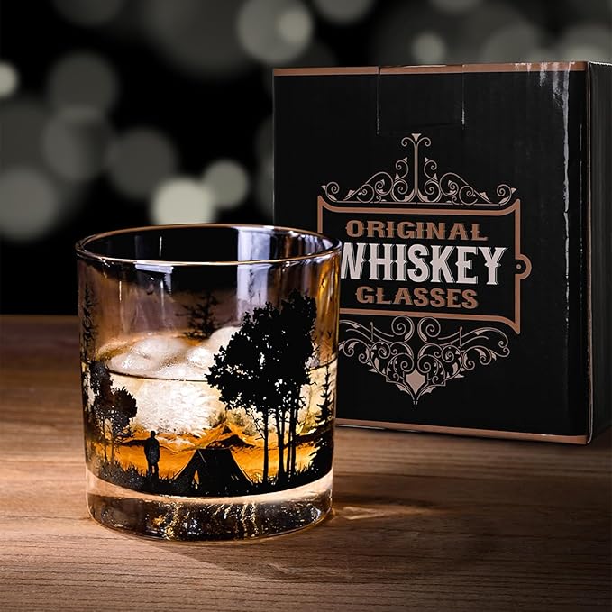 Old Fashioned Whiskey Glasses, Stemless Wine Glasses with Gift Box, 10Oz Rocks Glass for Scotch Cocktail Bourbon Vodka Liquor, Unique Gifts for Dad, Husband, Father's Day, Anniversary-Ruum Studio Home
