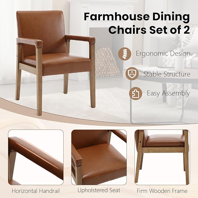 Kmax Modern Dining Chairs Set of 2 Faux Leather Kitchen Arm Chairs Upholstered Accent Chairs with Wooden Legs for Dining Room, Living Room, Bedroom, Brown-Ruum Studio Home