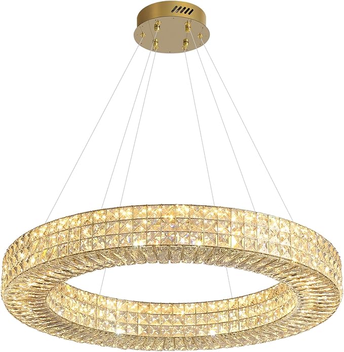 Dia 32" Ring Crystal Chandelier Modern Gold Chandelier Adjustable Height Luxury Crystal Pendant Ceiling Light Fixture for Dining Living Room Bedroom-Ruum Studio Home