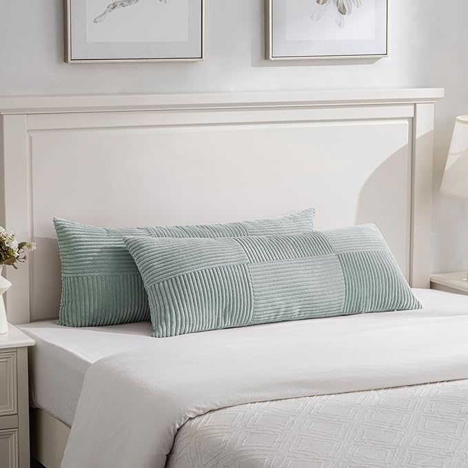 Fancy Homi Set of 2 Grey Blue Boho Long Lumbar Body Decorative Throw Pillow Cover 14x36 Inch for Bed Couch Bedroom Bench, Soft Patchwork Corduroy Textured Pillow Case, Rustic Farmhouse Room Décor-Ruum Studio Home