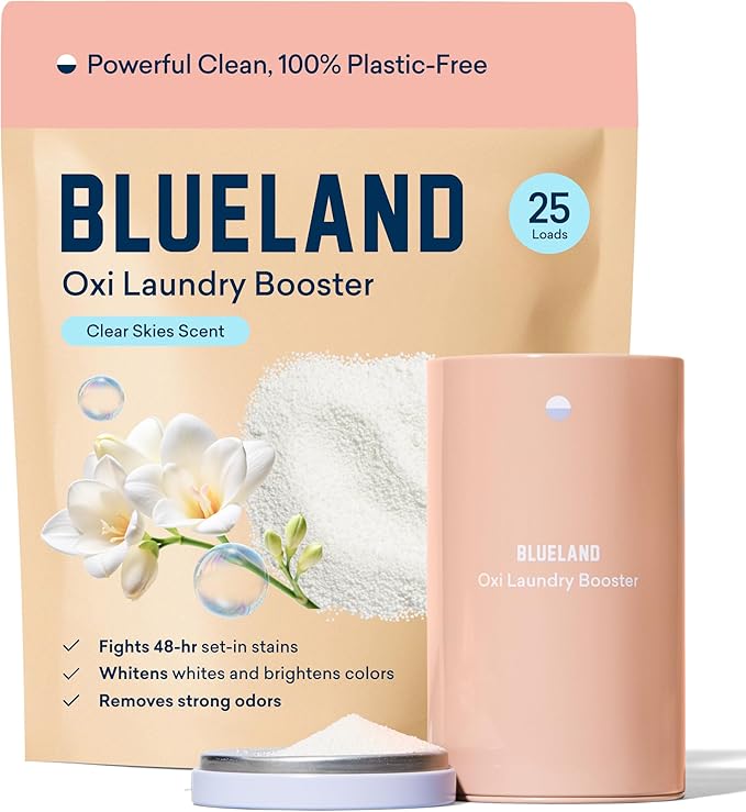 BLUELAND Oxi Laundry Booster Powder with Tin, Starter Set, Clear Skies Scent, 25 Loads, 17.6 oz, Plastic-Free, Eco Friendly, Oxy Cleaner, Stain Remover-Ruum Studio Home