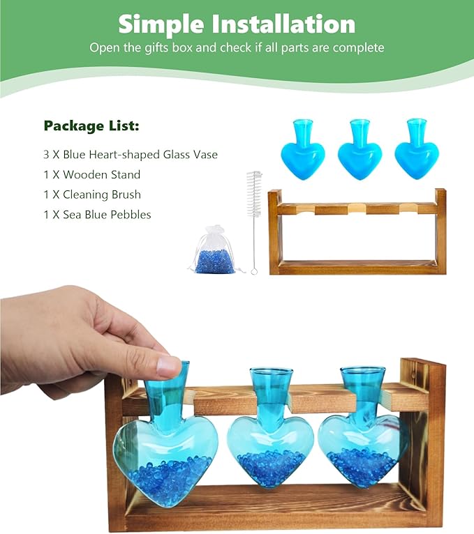 Nacome Plant Terrarium for Office Decor: Birthday Gifts for Plant Lovers Women Mom Wife - Wooden Stand Tabletop Planter 3 Bulb Glass Vase Heart Shaped for Hydroponics Indoor Home-Ruum Studio Home