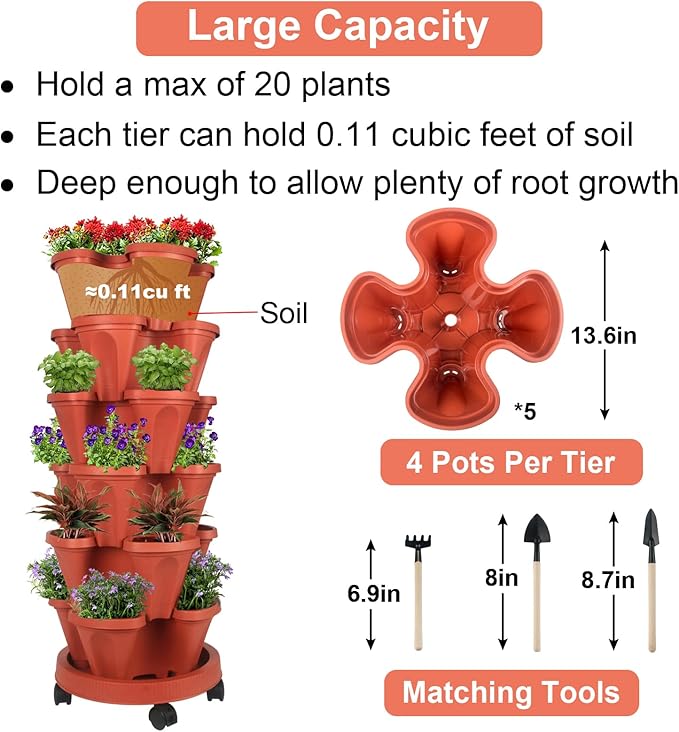 Vertical Planter 6 Tier Stackable Planters Garden Planters Strawberry Herb Flower and Vegetable Planter Indoor Outdoor Gardening Pots with Removable Wheels and Tools 2-Pack-Ruum Studio Home
