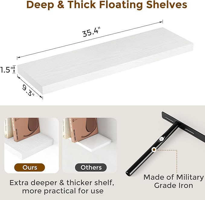 Fun Memories White Floating Shelves 36 Inch Long, 9 Inch Deep Wall Shelves Set of 2, 36 x 9 Floating Shelf for Wall, Rustic Wood Floating Shelves for Kitchen, Living Room, Bedroom-Ruum Studio Home