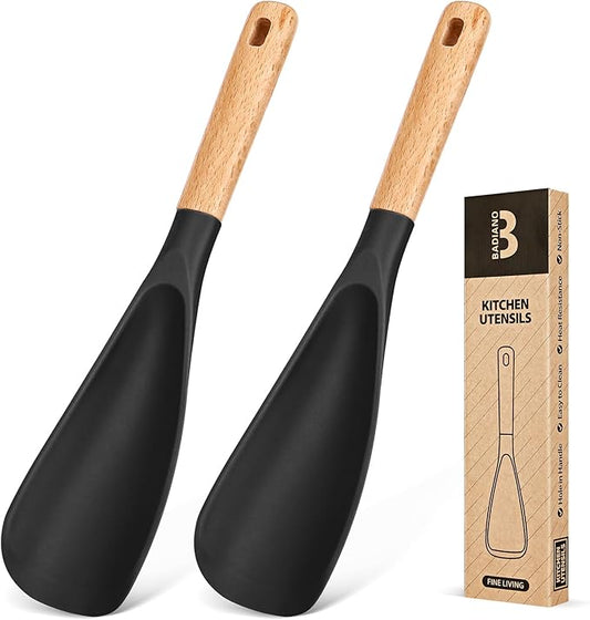 Cooking Spoon for Nonstick Cookwares, Great for Cooking and Serving Sturdy BPA-Free Matte Silicone, Wood Handle Spoon for Mixing, Scoop, and Scrape (2 Pack of Black, 11.4 inch)-Ruum Studio Home