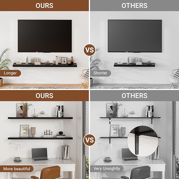 Heimlove 55 Inch Long Floating Shelves for Wall,9.3" Deep Black Floating Shelf Set of 2,Large Display Shelf & Storage Shelf,Wall Mounted Shelves for Bedroom Living Room Kitchen Office-Ruum Studio Home