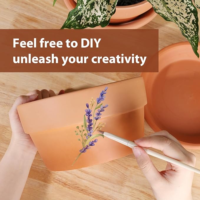 INGOFIN 8 Inch Terracotta Shallow Pots Set with Saucer - Ceramic Clay Pots with Drainage Hole, Terra Cotta Pot for Plants for Indoor Outdoor Plants, Set of 2-Ruum Studio Home