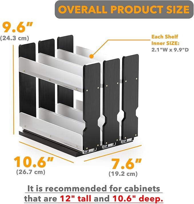 SpaceAid Bamboo Pull Out Spice Rack Organizer for Cabinet, Heavy Duty Slide Out Seasoning Kitchen Pantry Sliding Vertical Organization, 7.6" Wide, 3 Drawers(2" Wide), 2-Tier, Black-Ruum Studio Home