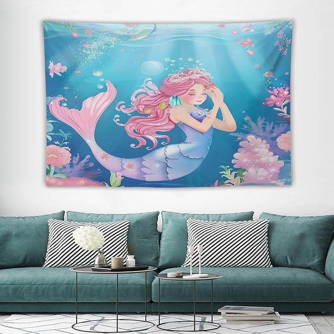 HZOHNAGO Mermaid Girls Tapestry Watercolor Flowers Mermaid Princess Blessing Pattern for Kids Room Decoration Printed Wall Tapestry Wall Hanging for Bedroom Living Room Dorm 60" W x 40" H-Ruum Studio Home