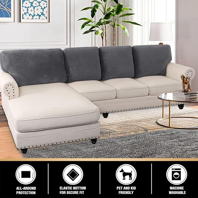 PrinceDeco Sectional Couch Covers Velvet Cushion Covers for Sectional Couch Washable Cushion Covers for Sectional Sofa Pet Friendly Sectional Sofa Slipcovers(1 Chaise Back+ 3 Sofa Back,Grey)-Ruum Studio Home