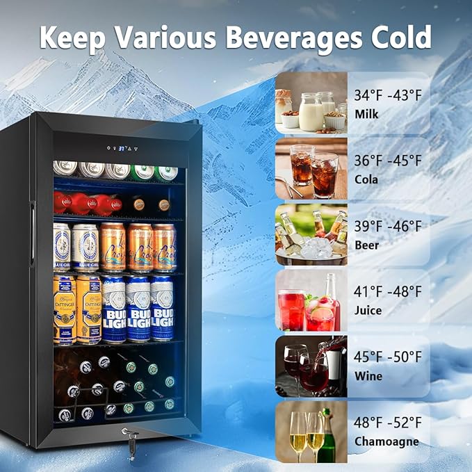 Tylza 130 Can Beverage Refrigerator Cooler, 3.22 Cu.Ft Beverage Cooler with Low-E Glass Door, Safety Lock, Beverage Fridge for Soda, Beer, Wine, Mini Fridge for Home, Office, Bar, Bedroom, Black-Ruum Studio Home