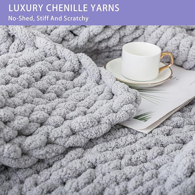 Bigacogo Chunky Knit Throw Blanket for Couch, 40x40 inches, 100% Hand Knitted with Thick Jumbo Chenille Yarn, Cozy Soft Large Rope Knot Cable Crochet Blankets for Sofa Bed Living Room, Light Grey-Ruum Studio Home
