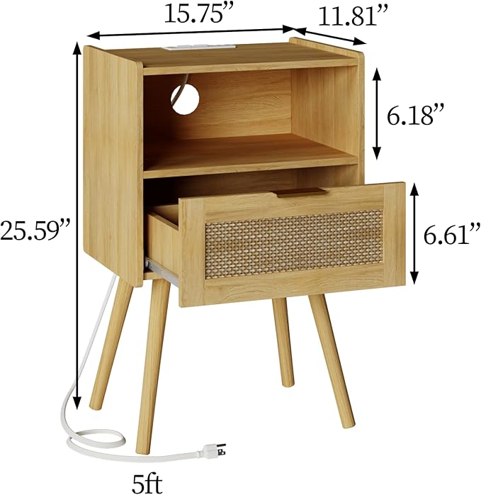 Rattan Nightstand with Outlet,Modern Bedside Table with Storage Drawer and Open Wood Shelf, for Living Room, Bedroom and Small Spaces, Accent Night Stand with Solid Wood Legs,Yellow Oak-Ruum Studio Home