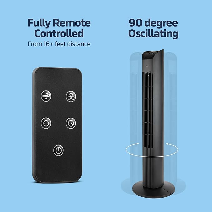 36” Oscillating Tower Fan, 3 Speed Portable Fan Tower With Remote Control, Quiet Operating Floor Fan for Bedroom with 7.5 Hr Auto Off Timer, Modern Design Room Cooling Fan For Home & Office-Ruum Studio Home