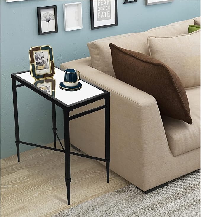 Black End Table, Rectangle Side Table with Mirrored Top, Modern Metal End Table, Small Narrow Side Table for Living Room, Balcony, 22" L x 12.4" W x 24" D-Ruum Studio Home