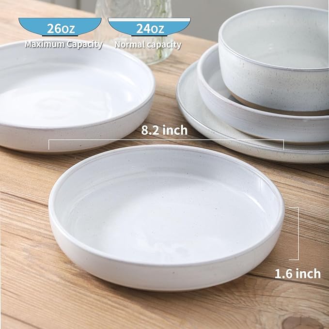 Pasta Bowls 26 OZ,Ceramic Salad Serving Bowls Set of 4,Large 8.2 inch Shallow Bowls Plates for Soup,Fruit,Noodle,Dinner,Dishwasher & Microwave Safe,White-Ruum Studio Home