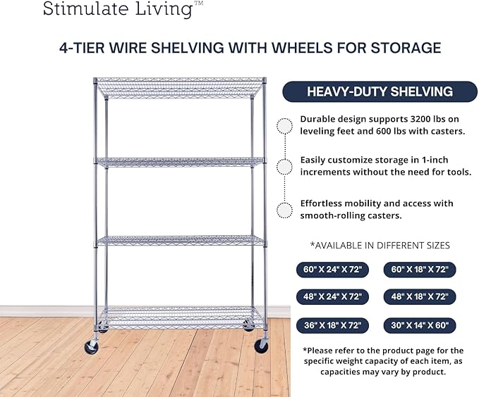 48"x24"x72" Prime Heavy Duty Chrome 4-Tier Wire Shelving NSF 3200 LBS MAX Capacity Storage Rack for Commercial, Hospital, School, Garage, and Kitchen Uses (with Wheels)-Ruum Studio Home