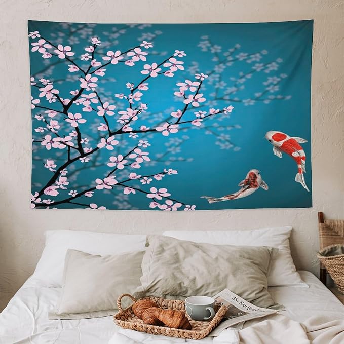 Houselerax Japanese Koi Fish Tapestry, Cherry Blossoms Asian Oriental Green Teal Flower Branch Koi Fish Carp Tapestries Wall Hanging for Bedroom Living Room Office Decor 60"x40"-Ruum Studio Home