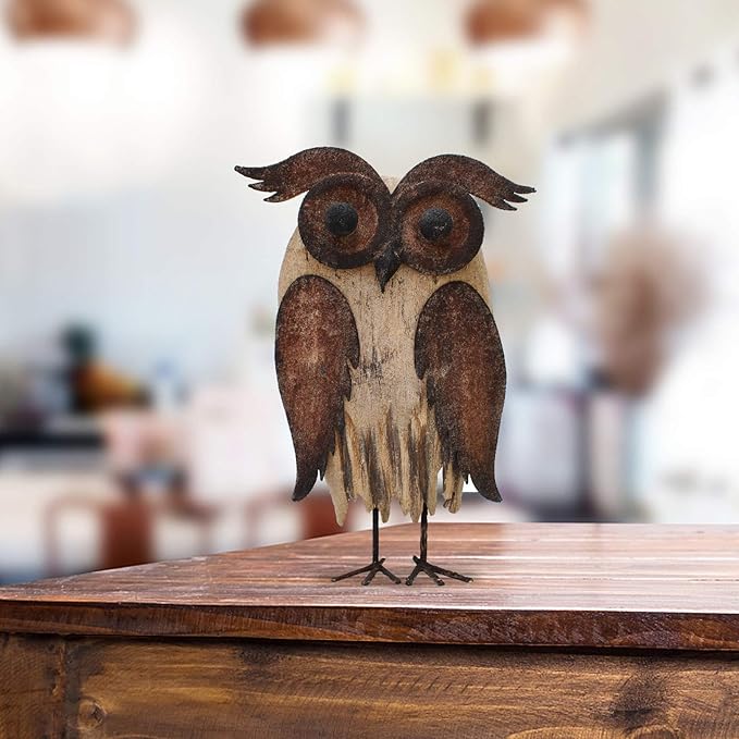E-View Rustic Owl Figurine - Wood & Iron - Collectible - Home Decor - Brown-Ruum Studio Home
