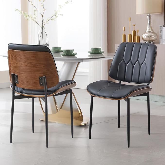 BV Mid Century Modern Dining Chairs Set of 4, Upholstered Pu Leather Armless Accent Chair with Walnut Bentwood Back, Retro Kitchen Chair for Dining Room, Living Room, Kitchen, Black-Ruum Studio Home