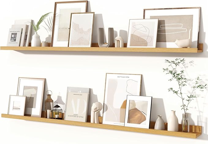 Fun Memories Picture Ledge Shelves Set of 2, 55 Inch Rustic Wall Mounted Floating Shelves with Lip for Home Storage and Décor in Bathroom, Kitchen, Nursery, Bedroom, Living Room, Oak-Ruum Studio Home