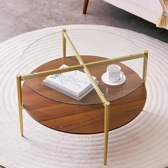 Round Coffee Table, Mid-Century Modern Design, D30“ x H17”, for Living Room, 2-Tier Structure, Clear Glass Top and Walnut MDF Shelf, Sleek Conical Metal Legs with Gold Finish-Ruum Studio Home