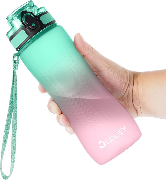 OLDLEY 25 oz Motivational Water Bottle, Sports Water Bottle with Strap, Leakproof BPA Free Large Water Bottles for School, Gym, Travel, Outdoor, Tritan, Green&Pink-Ruum Studio Home