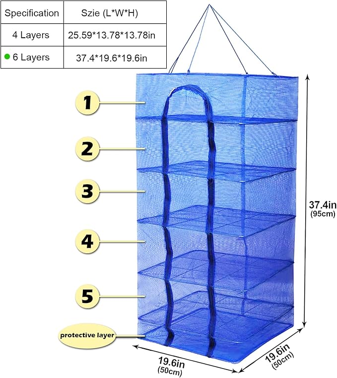 Drying Rack 6 Layers Folding Fish Mesh, Foldable Nylon Netting, Hanging Drying Fish Net, for Shrimp Fish Fruit Vegetables Herb, with Zipper Opening-Blue (37.4X19.6X19.6 in)…-Ruum Studio Home