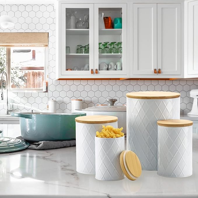 White Kitchen Canisters Set with Bamboo Lids, Airtight Sugar, Flour, Coffee, Cookie Storage Canister Sets for kitchen Countertop, Farmhouse kitchen decor, 4 Pack-Ruum Studio Home