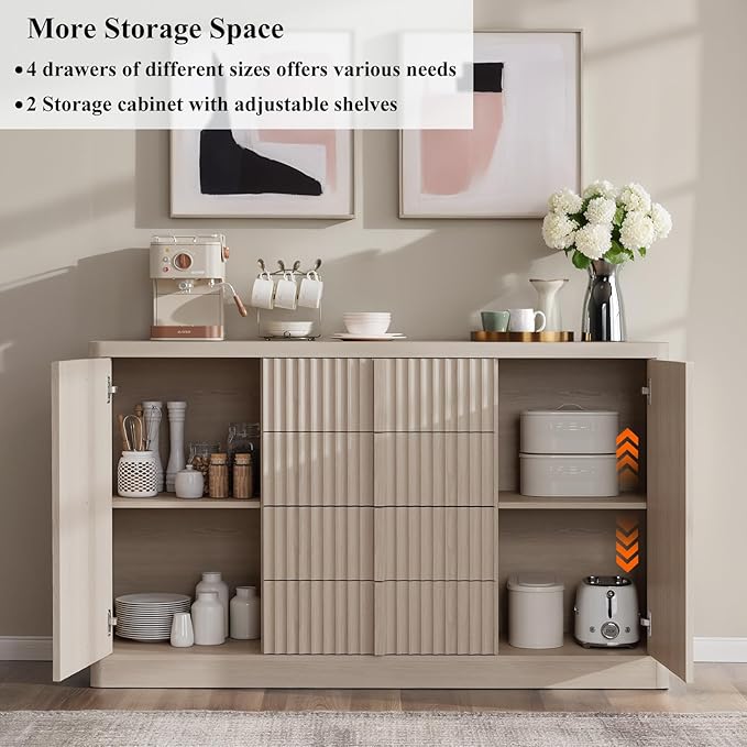 Buffet Cabinet with Storage, 60" Fluted Coffee Bar Cabinet with 4 Drawers & 2 Doors, Solid Wood Handle, Credenza Accent Storage Cabinet for Kitchen Living Dining Room, Natural Oak(1PCS)-Ruum Studio Home