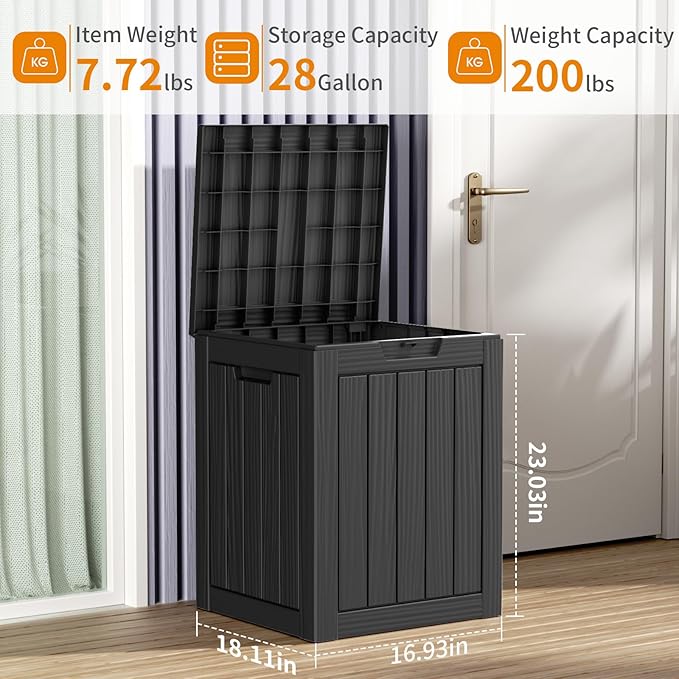 28 Gallon Resin Deck Box, Lockable Patio Outdoor Storage Box for Furniture, Garden Tools and Tools Storage, Waterproof Outside Storage Boxes - Black-Ruum Studio Home
