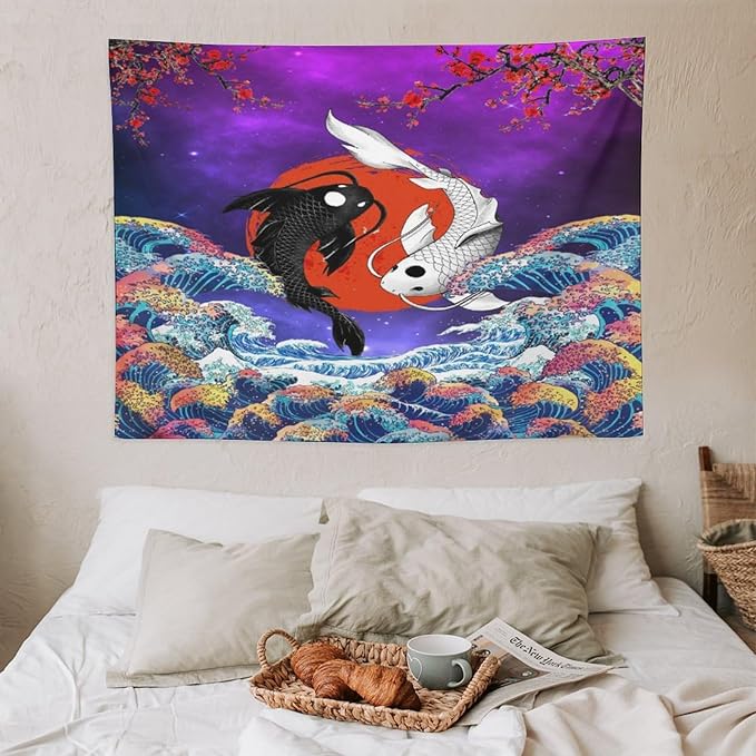 Houselerax Japanese Koi Fish Tapestry, Yin Yang Big Wave Cherry Blossom Tapestries Wall Hanging for Bedroom Living Room Office Decor 40"x30"-Ruum Studio Home