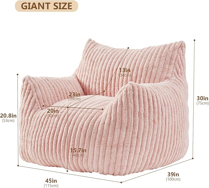 Giant Bean Bag Chairs for Adults Teens, Large Bean Bag Sofa Chairs with Filling Comfy Fuzzy BeanBag Chair with Armrests for Bedroom Living Room Reading-Ruum Studio Home