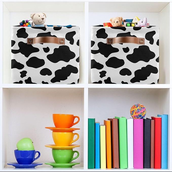 Black White Cow Skin Print Storage Basket Cube Storage Bins Organizer Bag Collapsible Closet Shelf Baskets with handle for Baby Cloth Pet Toy Book 14.2×10.2×8.3 IN-Ruum Studio Home