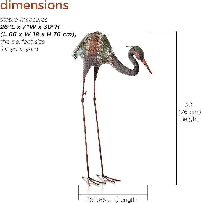Alpine Corporation 30" Tall Outdoor Rustic Metal Bowing Crane Statue Yard Art Decoration-Ruum Studio Home