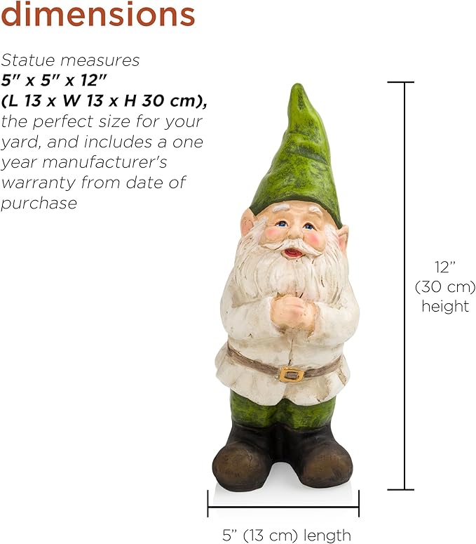 Alpine Corporation - 12" Tall Outdoor Garden Gnome Yard Statue Decoration – Playful Resin Gnome with Earthtone Colors - Durable, Weatherproof Lawn Sculpture for Patio, Deck, Yard-Ruum Studio Home