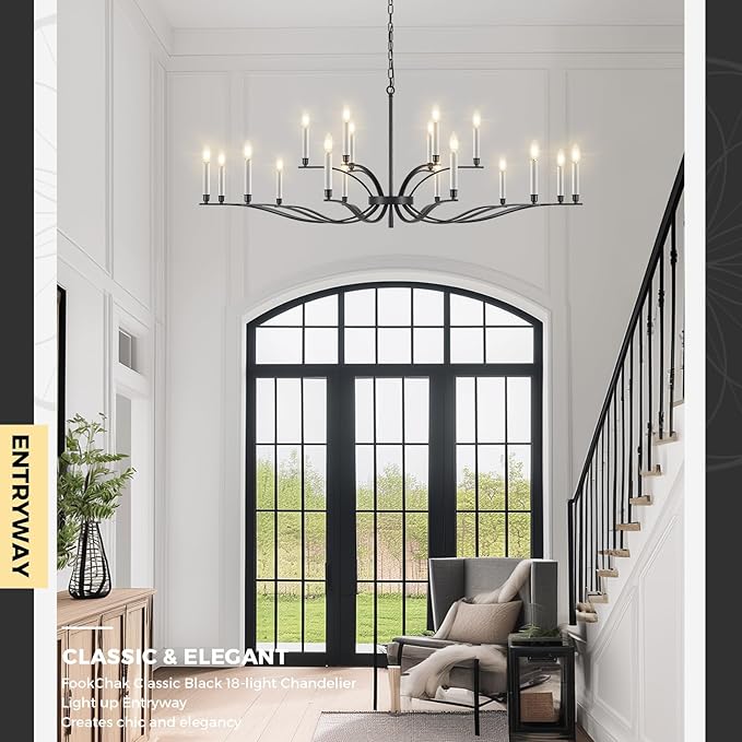 Black Living Room Chandelier 18 Light Hight Ceiling Foyer Candle Chandelier Large Dining Room Light Fixture Over Table 59in Metal Modern Chandeliers Hanging Light for Entry Master Bedroom-Ruum Studio Home