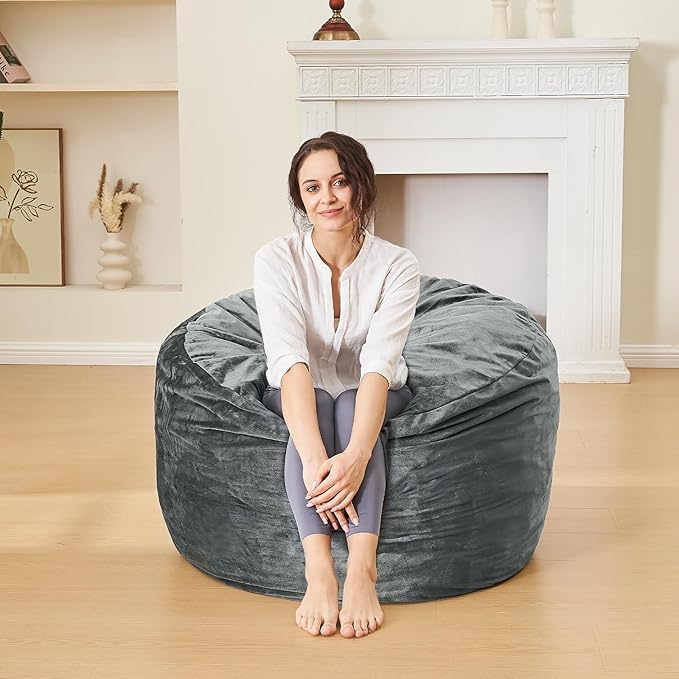3 Feet Bean Bag Chair - BeanBag Chairs for Adults, Living Room Furniture Sofa with Soft Micro Fiber Cover, Round Fluffy Couch for Bedroom College Dorm - Grey-Ruum Studio Home