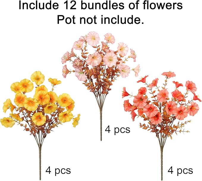 Artificial Mums for Outdoors Fake Fall Flowers Plants for Autumn Decoration, 12 Bundles Silk Morning Glory with Eucalyptus Look Real UV Resistant Faux Mums for Outside Planters Yard Patio Porch, Mix-Ruum Studio Home